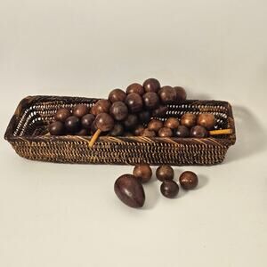Vintage Hand Carved Wooden Grapes Wicker Basket Mid Century Decor 15"